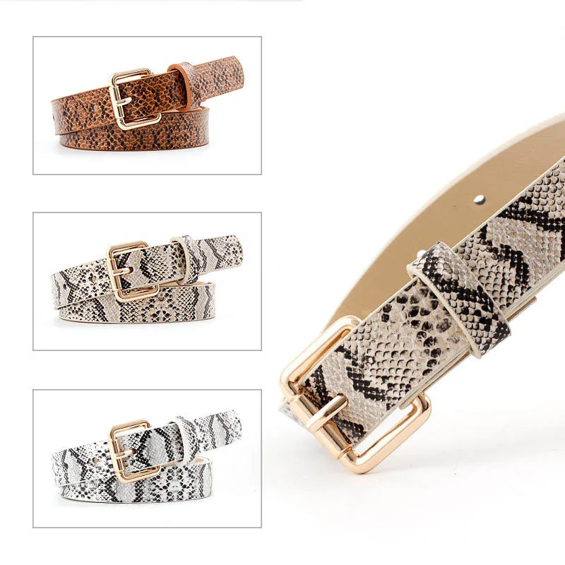

Fashion Elegant Ladies Pu Leather Snake Stripe Jeans Belt Dress Accessories Vintage Thin Luxury Square Button Women Waist Belt