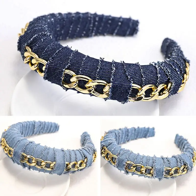 

Women Denim Cloth Twisted Striped Stretchy Hair Hoop Metal Chain Sponge Padded Headband Use for Fixed hair Washing face Cosmetic