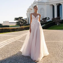 

Simple Beach Spaghetti Straps Wedding Dress Soft Pink Lovely Formal Bridal Gown A Line Brush Train Backless Свадебное платье