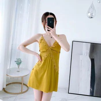 

Summer New Sexy Ice Silk Sling Dress Female Open Strap Chest Pad Short fantazi gecelik Thin Section Simulation Silk Home Service