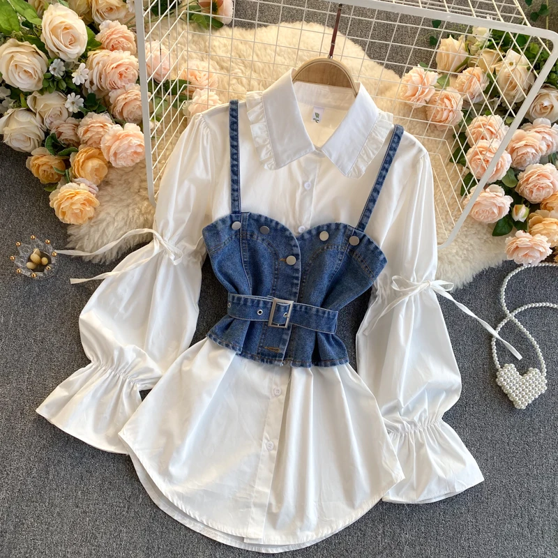 Retro Denim Vest and Shirt 2Pcs Women's Set 2021 Ruffle Lace Up Bubble Sleeve Loose Shirt Denim Suspender Vest Two-piece Set french retro floral suspender maxi dress women 2021 sundress holiady backless beach boho dress tube top slim sleeveless dress