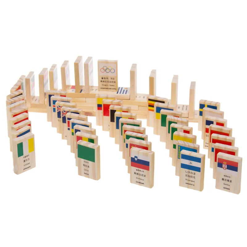 

100 pcs mwz Wooden Early Childhood Cognitive National Flag Domino Building Blocks Toy