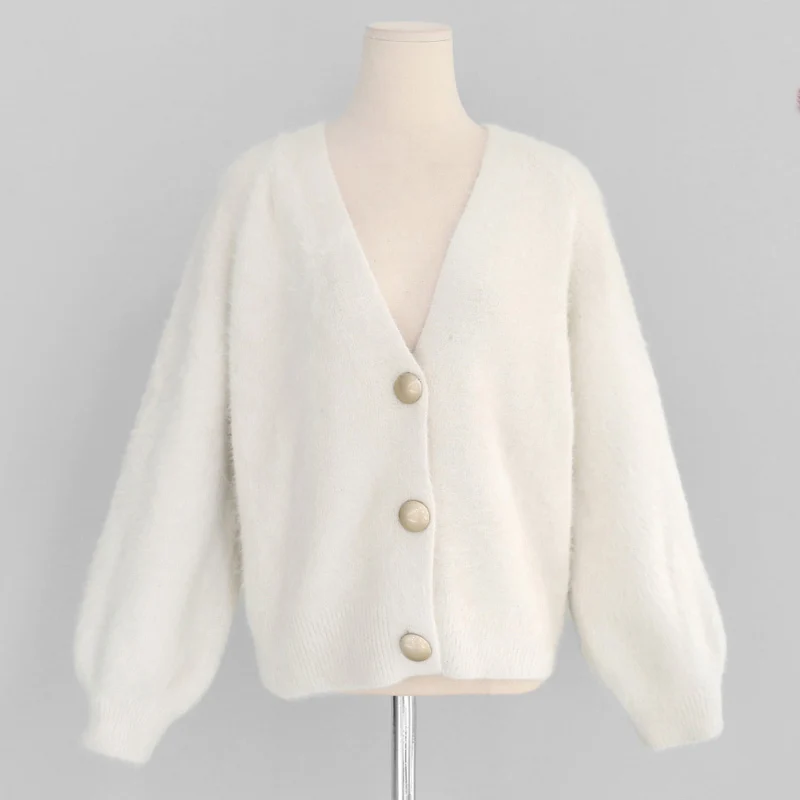 Milky White Cardigan Новое поступление женский зимний норковый кашемировый кардиган свитер Мягкий Вязаный негабаритный фонарь рукав однобортный Повседневный Топ - Цвет: Milky White Cardigan