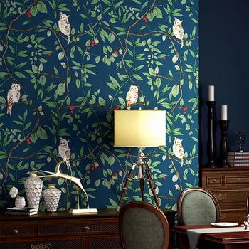 

American country wallpaper rural style retro retro living room bedroom dark green flower bird TV background wall paper