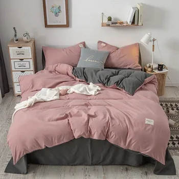

4PCS Solid Color Comfortable Fashion Bedding Set Pure Cotton AB Double-Sided Pattern Simplicity Bed Sheet Quilt Cover Pillowcase