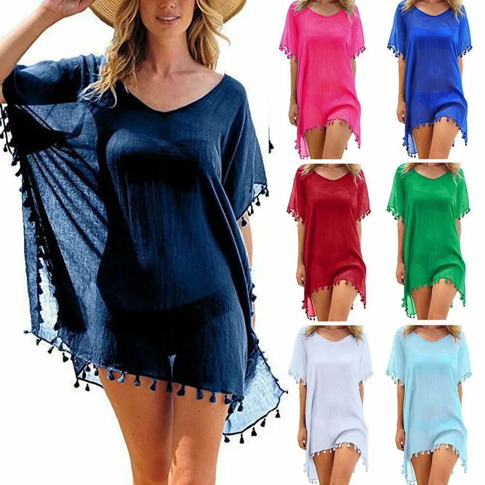 

Hirigin Chiffon Tassels Beach Wear Women Swimsuit Cover Up Swimwear Bathing Suits Summer Mini Dress Loose Solid Pareo Cover Ups