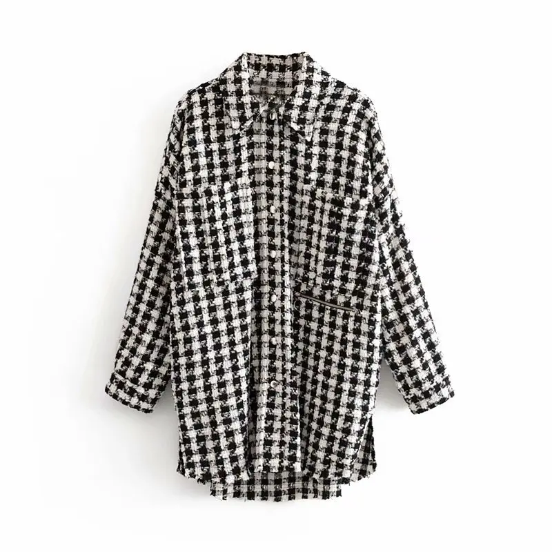 

Western Style 2020 Autumn New Style Fold-down Collar Plaid Tweed Jacket Middle Long Coat Women's A9ms2324