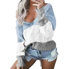 Модный женский свитер, повседневный пуловер с v-образным вырезом, длинный рукав, пэчворк, Свободный вязаный свитер, топы, осенний женский свитер, пальто, Новинка