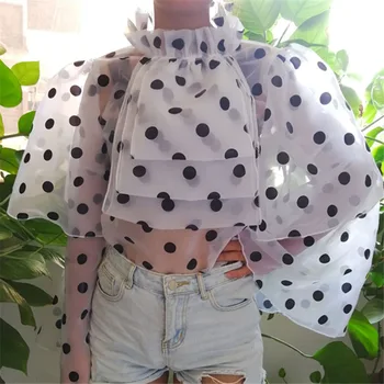 

Elegant Women Spring Stand Collar Short Blouse Polka Dots See Through Shirt Summer Sunscreen Tops Loose Female Pullover