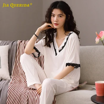 

New White V Neck Pjs Woman Homesuit Homeclothes Sleepwear Casual Style Fashion Style Pj Set Pajamas Set Woman Clothes Modal