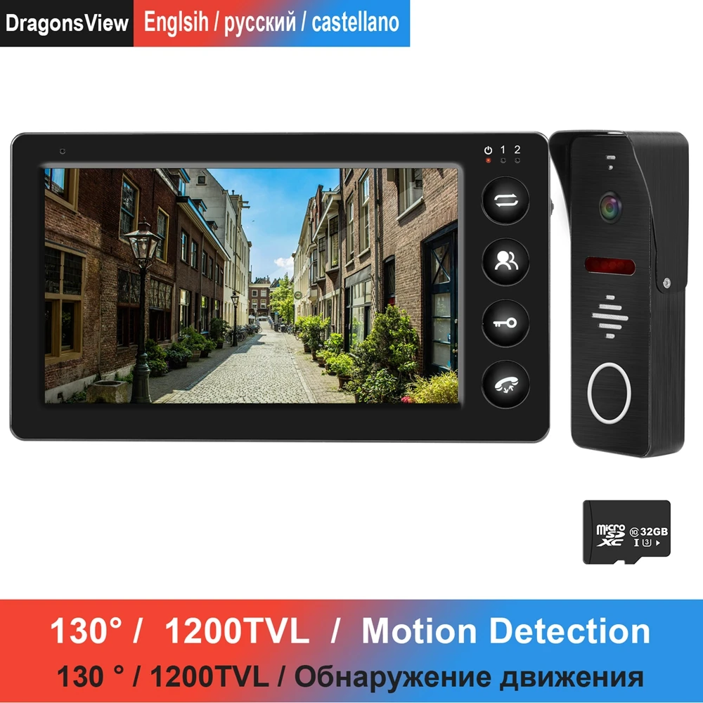 Wired Video Intercom for Home 7 inch Monitor 130° Wide Angle Doorbell Support Motion Detect Record Video Night Vision Clock Mode