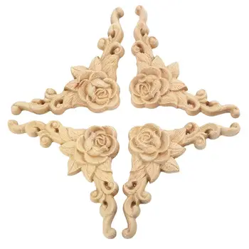 

4pcs 8*8cm Wood Carved Corner Onlay Applique Door Cabinet Rose Unpainted European Style