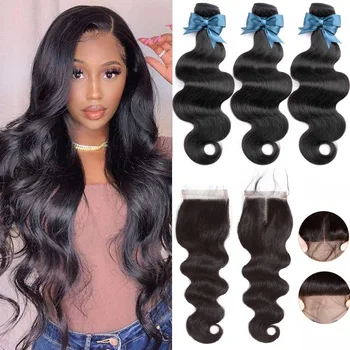 

BEAUDIVA Body Wave Bundles With Closure Natural Color Peruvian Body Wave Human Hair Weave Bundles With 4x4 Lace Closure
