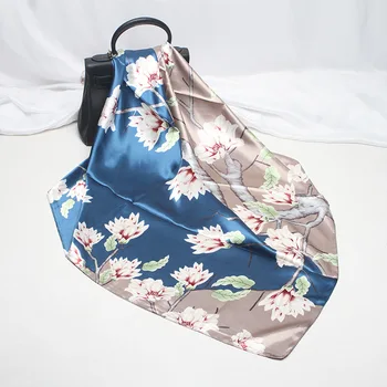 

2020 Satin Decorative Scarf Female Elegant Blue Printed Soft and Comfortable Scarf Foulard Bandana Handkerchief Women Spring