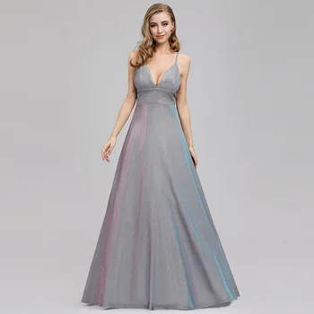 

grey elegant evening dress v neck a line spaghetti straps sequins sleeveless wedding party formal gowns evening dresses