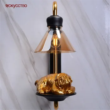 

American Art Deco Resin Puppy Glass Wall Lamp Retro Living Room Bedroom Decoration Wall Sconce Light Fixture Loft Led Luminaire