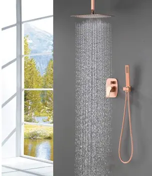 

Luxury Bathroom Brass Brushed Rose Gold 10 Inch Ceiling Rainfall Shower System Mixer Set