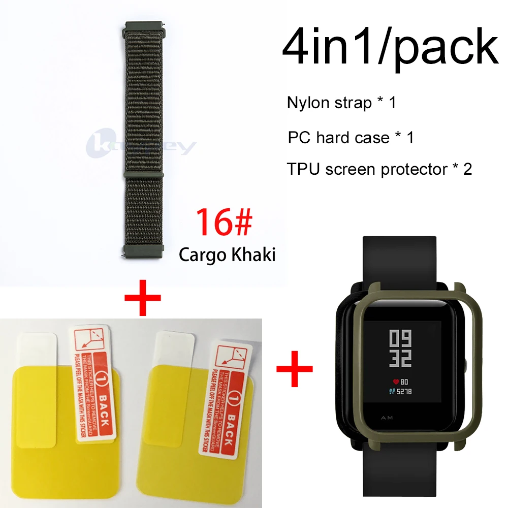 4в1 для Xiaomi Huami Amazfit ремешок bip браслет нейлоновая петля Smartwatch Браслет amazfit bip чехол с защитой экрана - Цвет: 16-Army Green case