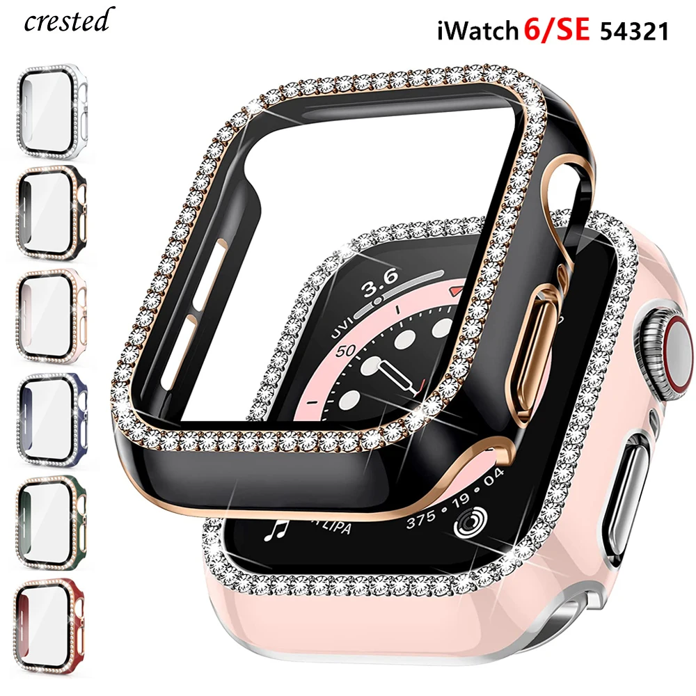 Bling Glass + Cover Per Apple Watch Case 40Mm 44Mm 42Mm 38Mm Iwatch Diamond Bumper + Pellicola Salvaschermo Apple Watch Serie 3 4 5 6 Se