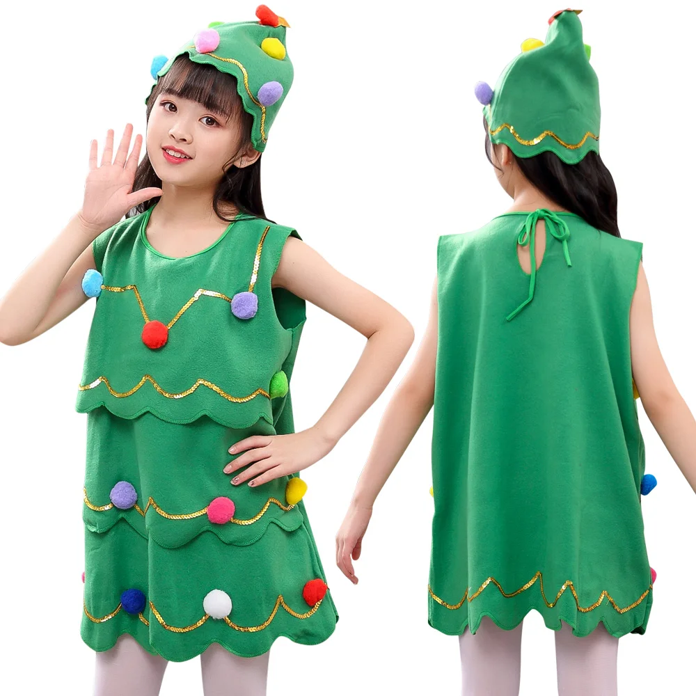 

Cute Green Dress 3PCS Toddler Fall Girl Clothes Christmas Vest Cartoon Print Skirt With Fur Ball Hat Costume