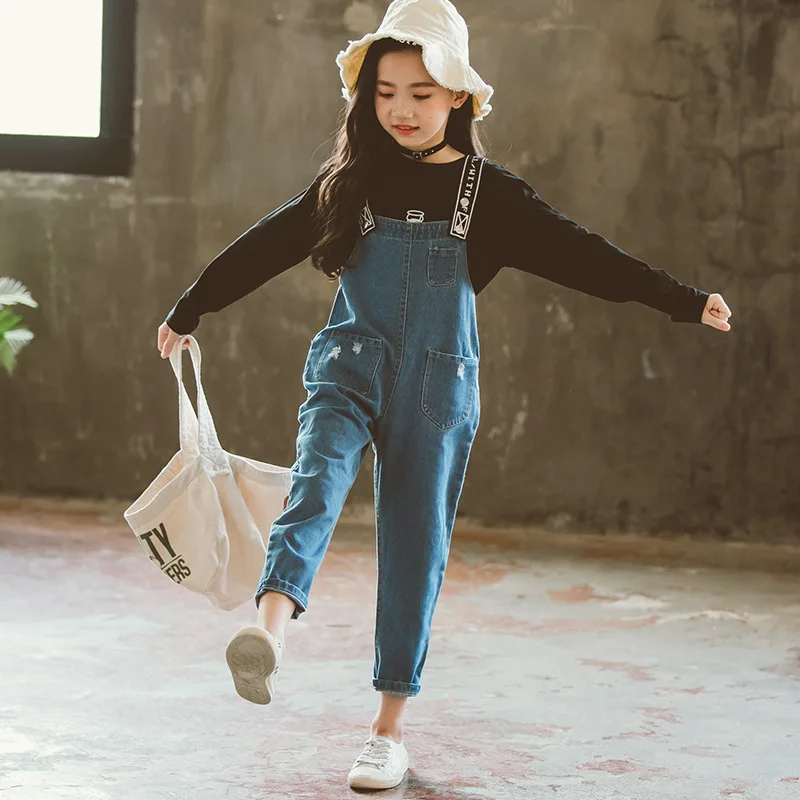 

2019 Spring And Autumn New Style Girls Cowboy Suspender Strap Case Big Boy Crew Neck Base Shirt + Cowboy Trousers Cool Set