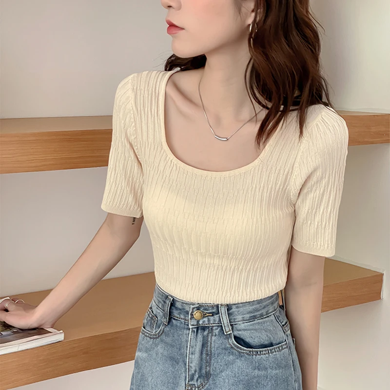 通信販売 女性用スクエアネックセーター ニットセーター ショートトップス スリム セクシー 韓国ファッション 夏 21 新しい季節 Www Carnavalkids Com