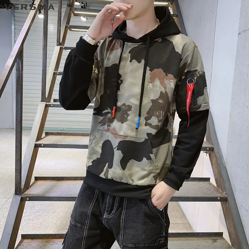 VERSMA корейский Harajuku Ulzzang камуфляж ленты мужские толстовки хип хоп Уличная свободная пара Толстовка дропшиппинг