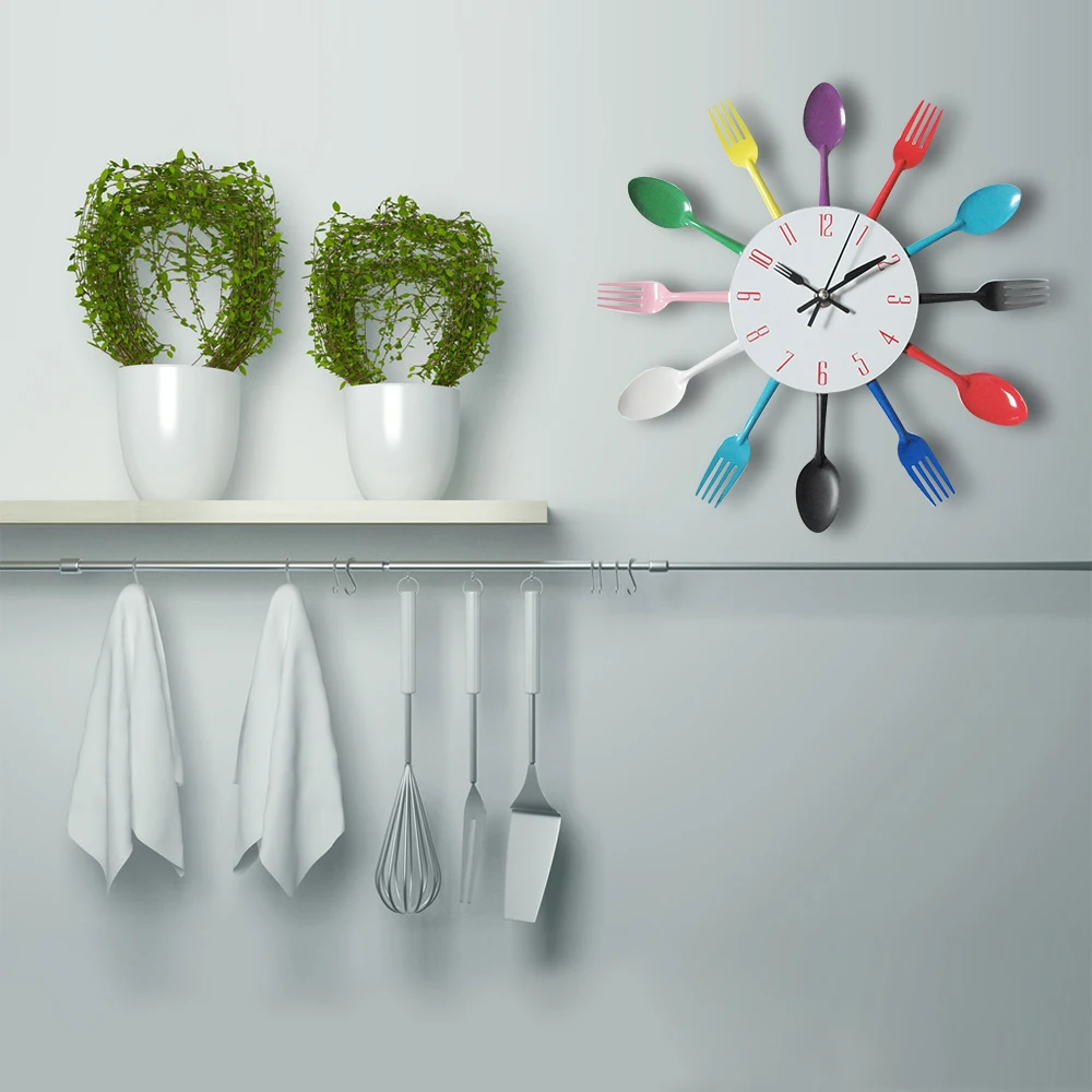Металлическая Кухонная настенная ложка с часами вилка креативные кварцевые настенные установленные часы для кухни домашний декор часы в стену горячая распродажа