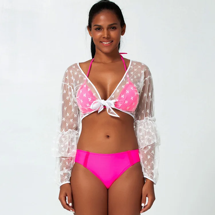 

2020 Sexy Gauze Shawl Swimwear Triangle Bikini Swimwear Woman Three-piece