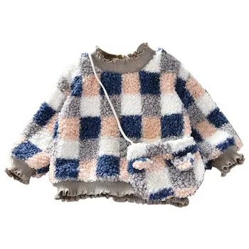 

2020 Baby Girl Plush Plaid Print Casual Long Sleeve O-Neck Sweater