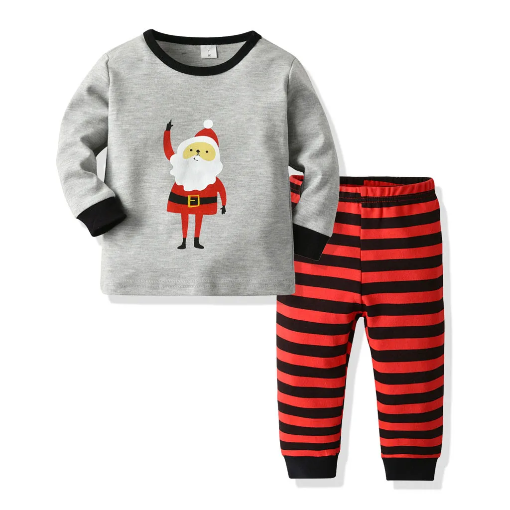 Детские пижамы с героями мультфильмов для маленьких мальчиков и девочек, топ+ штаны в полоску, Рождественская одежда