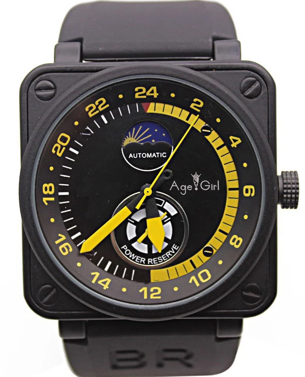 

New Mens Watches Black Rubber Bell BR Automatic Mechanical Self Wind LIMITED EDITION AVIATION Moon Day Power Reserve Moonphase