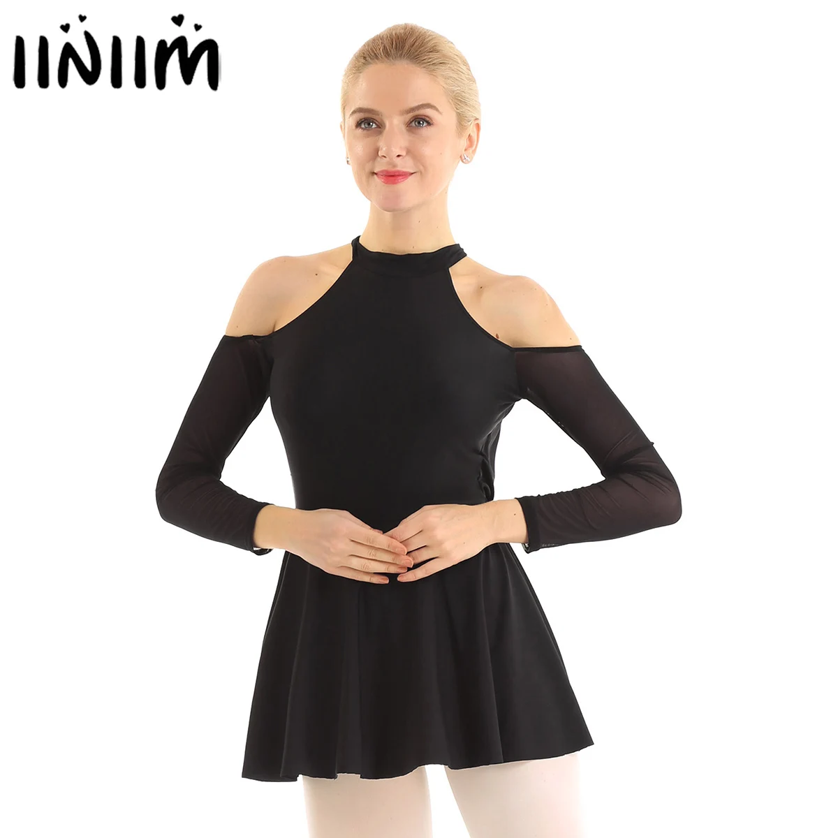 Women Adults Performance Costumes High Neck Cut Out Shoulder Long Sleeves Mesh Splice Back Ballet Dance Gymnastics Leotard Dress