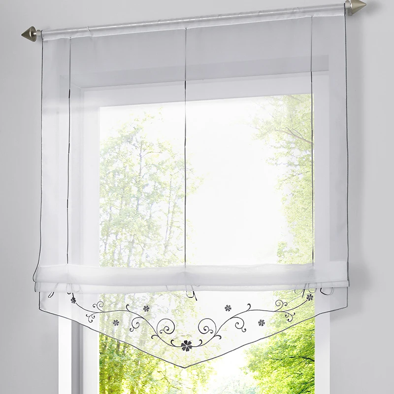 

Kitchen Short Curtain Embroidered Flower Window Curtain Balcony Roman Curtain Tulle Door Sheer Curtain Drape Panel Screen Voile