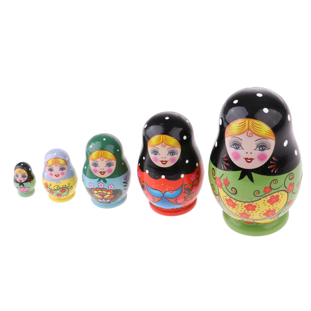 5PCS Painted Girls Wooden Russian Nesting Dolls Babushka Matryoshka Toys Craft