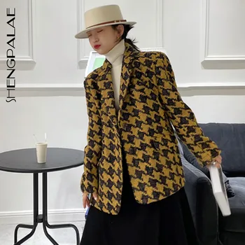 

SHENGPALAE Yellow Plaid Blazer Women's 2020 Winter Women's New Lapel Single Breasted Large Size Long Sleeve Wool Suit Coat 5A757