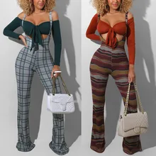 

Fashion Flared Jumpsuit Autumn Women's High Waist Printed Plaid Overalls Party Club Plaid Wide Leg Suspenders Bottoms 2021 New