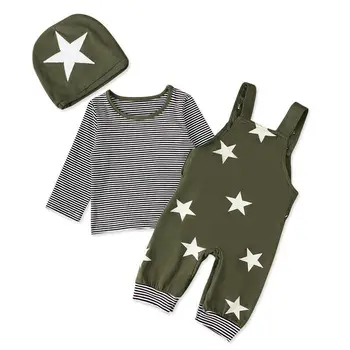 

Pudcoco Baby Boys Clothes 2PCS Toddler Kids Long Sleeve Striped Tee Shirts Top Suspender Star Romper + Hat Cotton Outfits