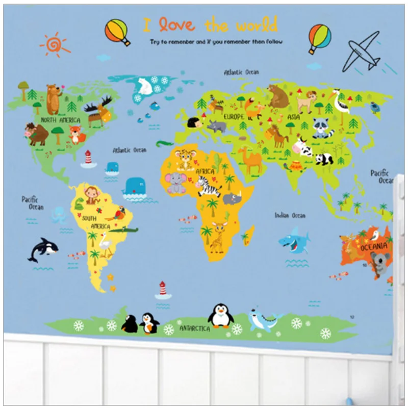 

Cartoon Creative Letter I Love The World Map Wall Stickers DIY PVC Self adhesive Wall Decals Art Murals Home Decoration 60*90cm