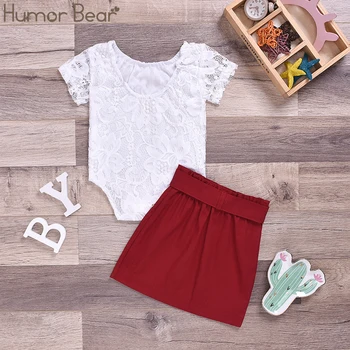 

Humor Bear New Summer Baby Girls' Set Short Sleeve Lace Print Romper+Short Skirt With Bowknot Sashes Toddler Casual Kid Clothes