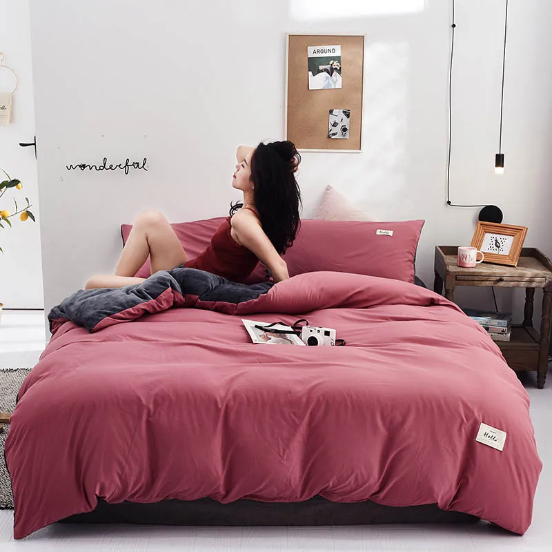 3pcs/4pcs Winter Warm Solid Color Yellow Grey Bedding Set Bed Sheet Quilt Cover and Pillowcases Set