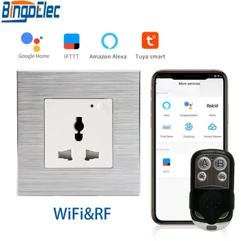 

Bingoelec WIFI Socket Aluminum Frame 13A RF 433 Remote Control Wall Socket UK Standard Smart Home Automation Control By Tuya APP