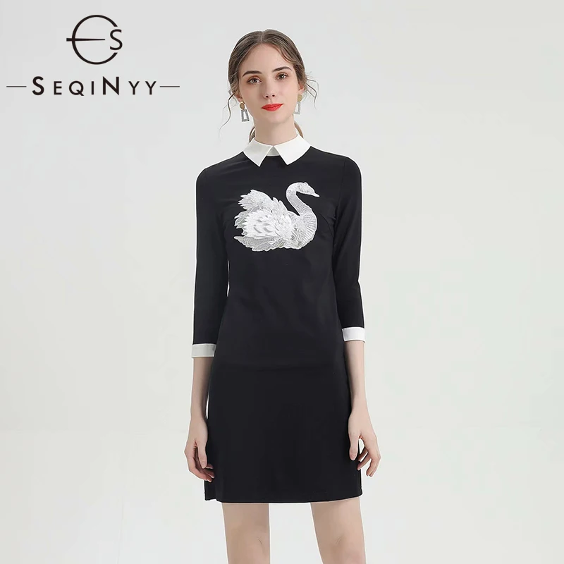 SEQINYY мини-платье Лето Весна модный дизайн высокого качества с рукавами 1/2, вышивкой животное черное платье