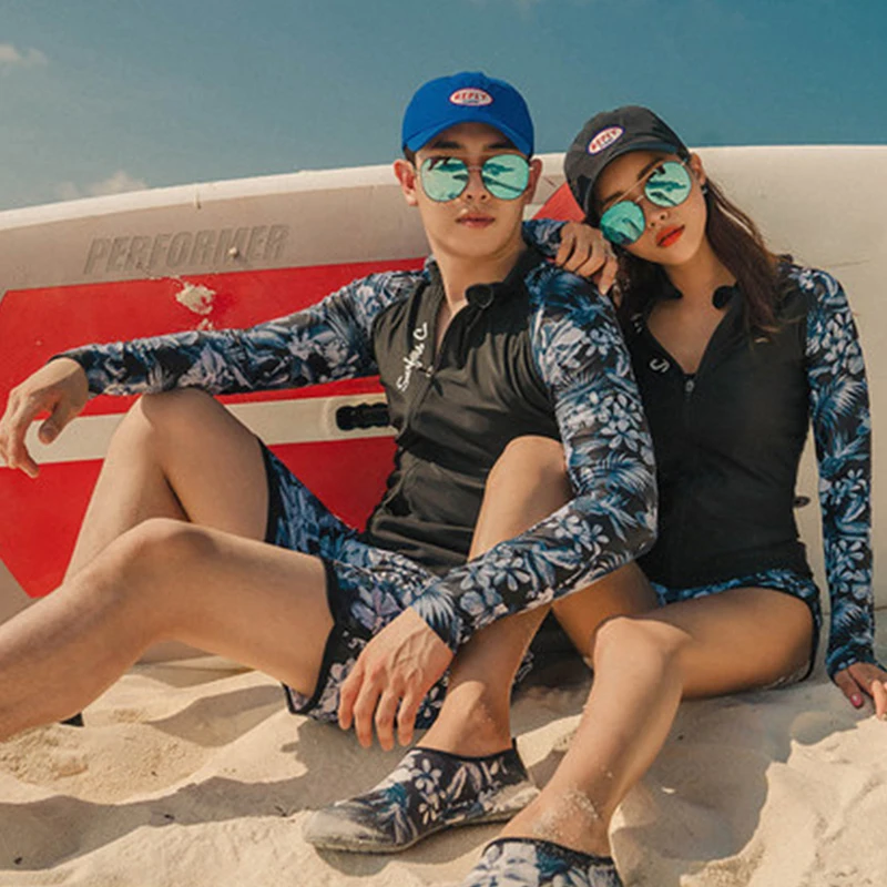 Couples Rashguard swimwear women men solid blue print sportsuit bathing suit long sleeve front zipper shorts bathing suit