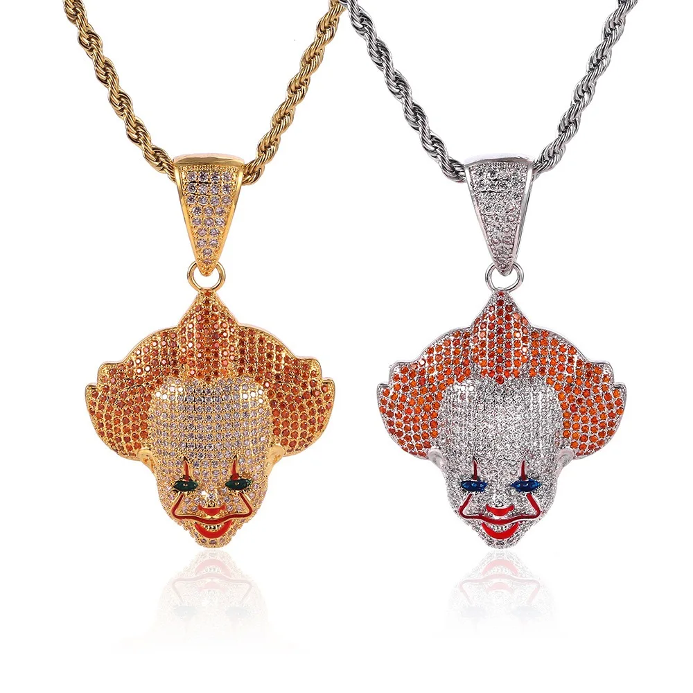 

Horror Clown Pendant Necklace Full Iced Out With Tennis Chain Gold Silver Charm Bling Cubic Zircon Men's Hip hop Rock Jewelry