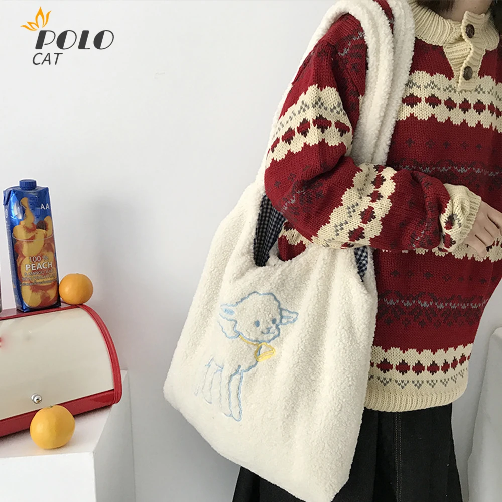 

Women Lamb Like Fabric Shoulder Bag Simple Canvas Handbag Tote Large Capacity Embroidery Shopping Bag Cute Book Bags For Girls