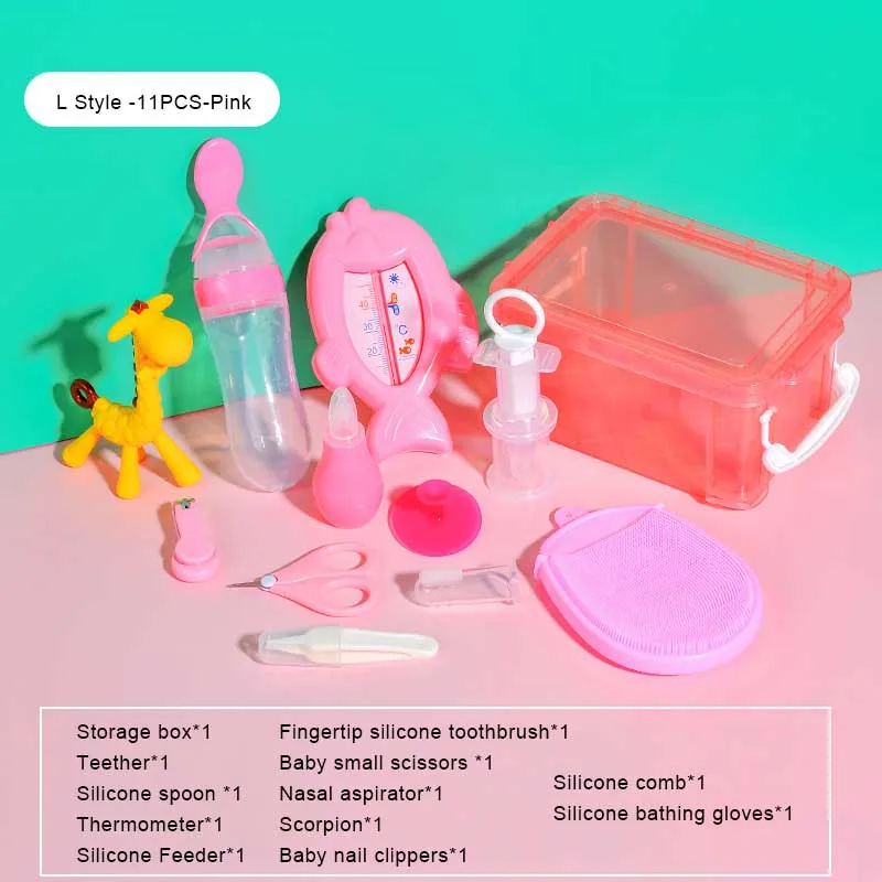 Детский набор для ухода за здоровьем, детский силиконовый Прорезыватель для зубов, соска для младенцев, силиконовая ложка, книпсеры для младенца, расческа для носа, аспиратор с коробкой - Цвет: L Pink