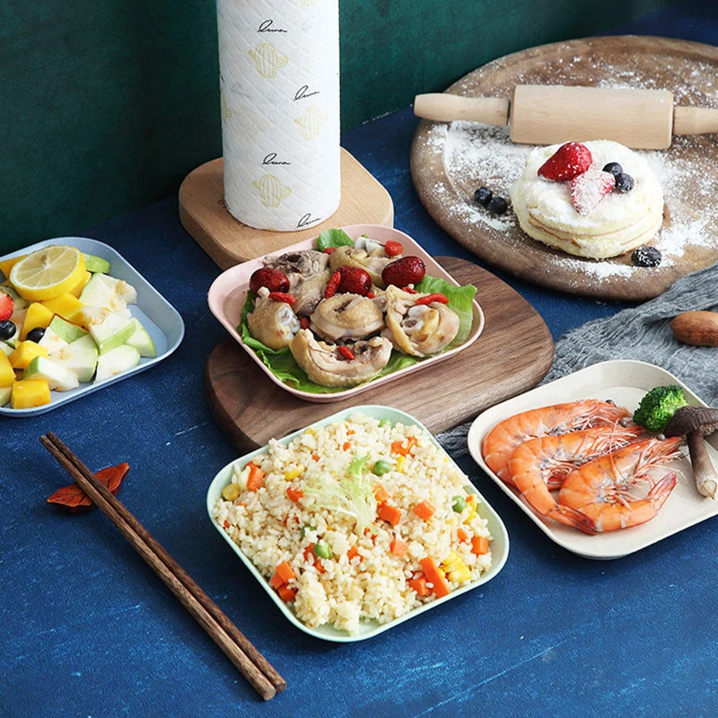 4Pcs/Set Dessert Plate Pure Natural Wheat Square Snack Straw Bowl Sauce Seasoning Dish Degradable EcO-friendly Tableware