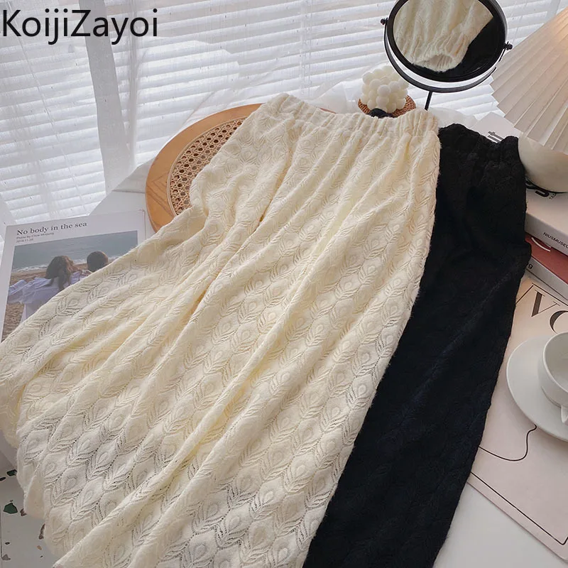 

Koijizayoi Solid Fashion Women Lace Long Skirt Elastic High Waist Korean Skirts Autumn Winter Thick Warm Fleece Faldas New