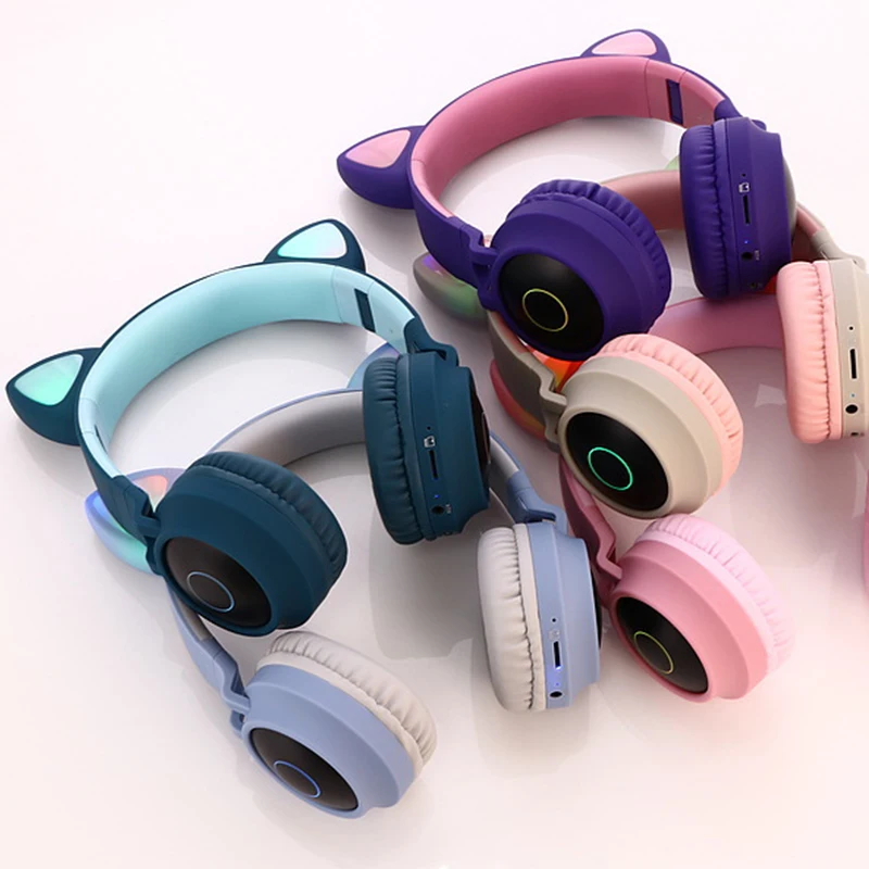 Беспроводная bluetooth-гарнитура с мультяшными кошачьими ушками и HD микрофоном, светодиодный цветной светильник, складная стереогарнитура для смартфонов